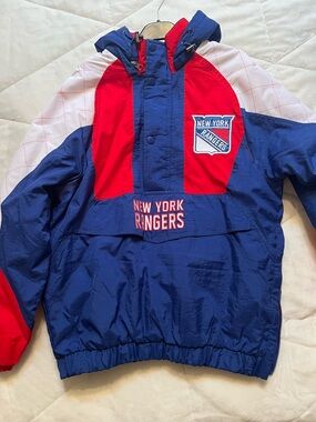 STARTER New York Rangers Blue & Red Hooded Pullover sports jacket